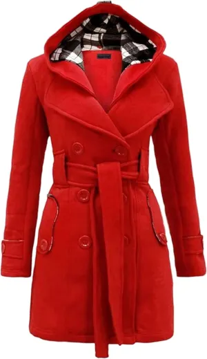 Women's Wool Blend Plaid Casual Pea Coat Double Breasted Warm Mid Long Pea Coat Winter Slim Pea Coat