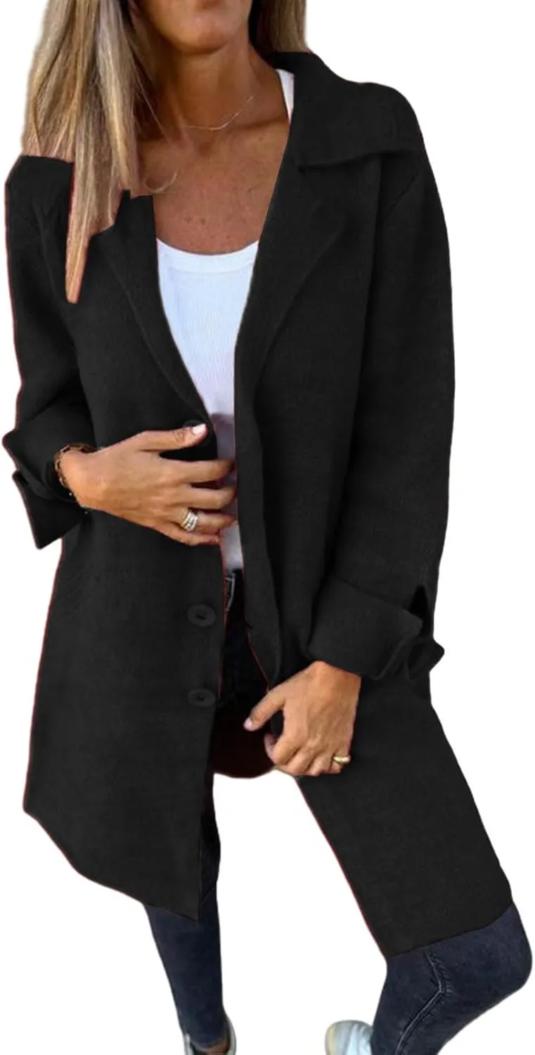 Womens Wool Blend Trench Coat Single Breasted Lapel Jacket Mid Length Solid Color Coat for Women