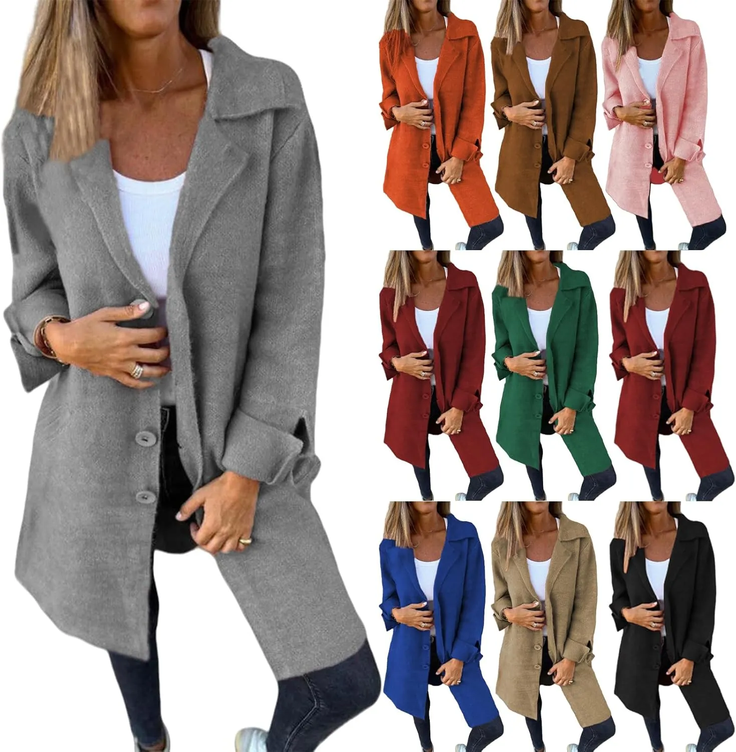 Womens Wool Blend Trench Coat Single Breasted Lapel Jacket Mid Length Solid Color Coat for Women