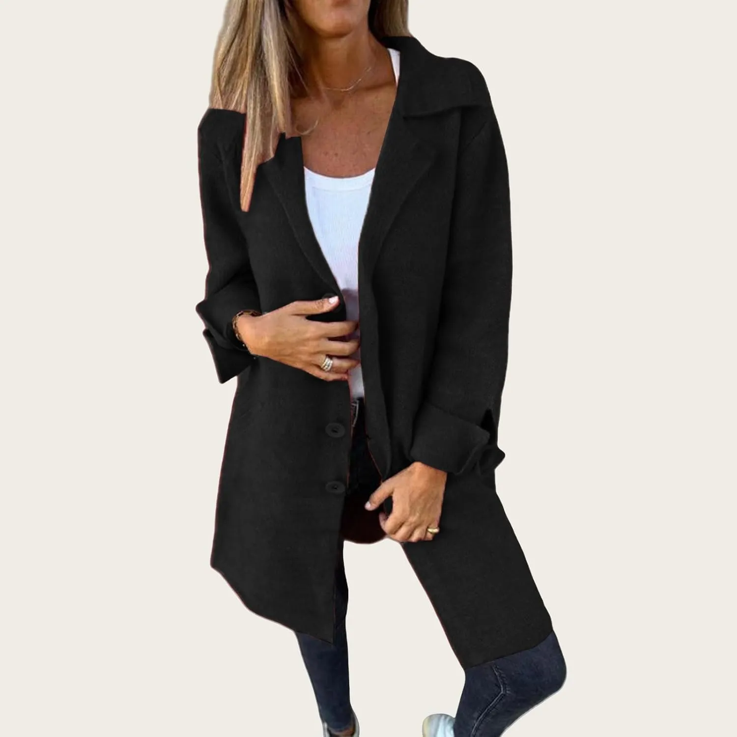 Womens Wool Blend Trench Coat Single Breasted Lapel Jacket Mid Length Solid Color Coat for Women