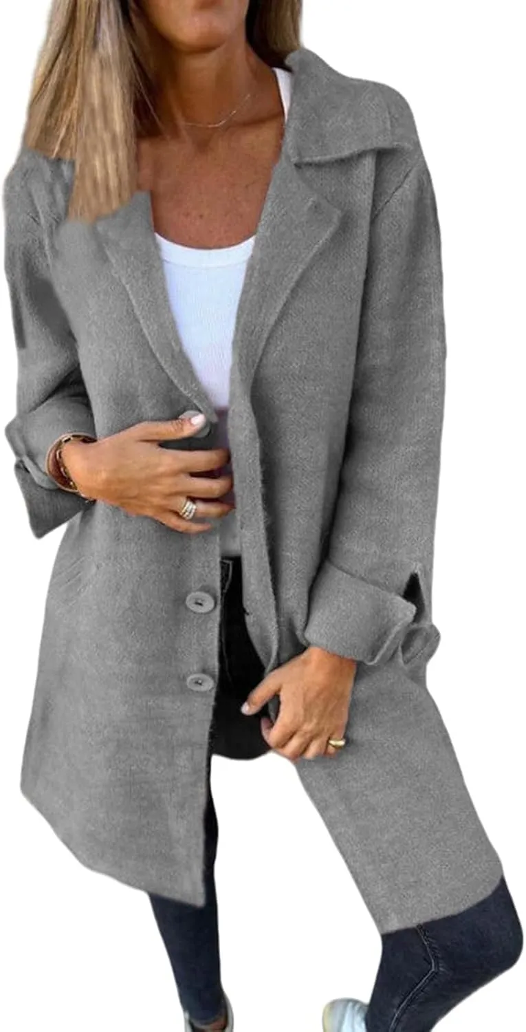Womens Wool Blend Trench Coat Single Breasted Lapel Jacket Mid Length Solid Color Coat for Women