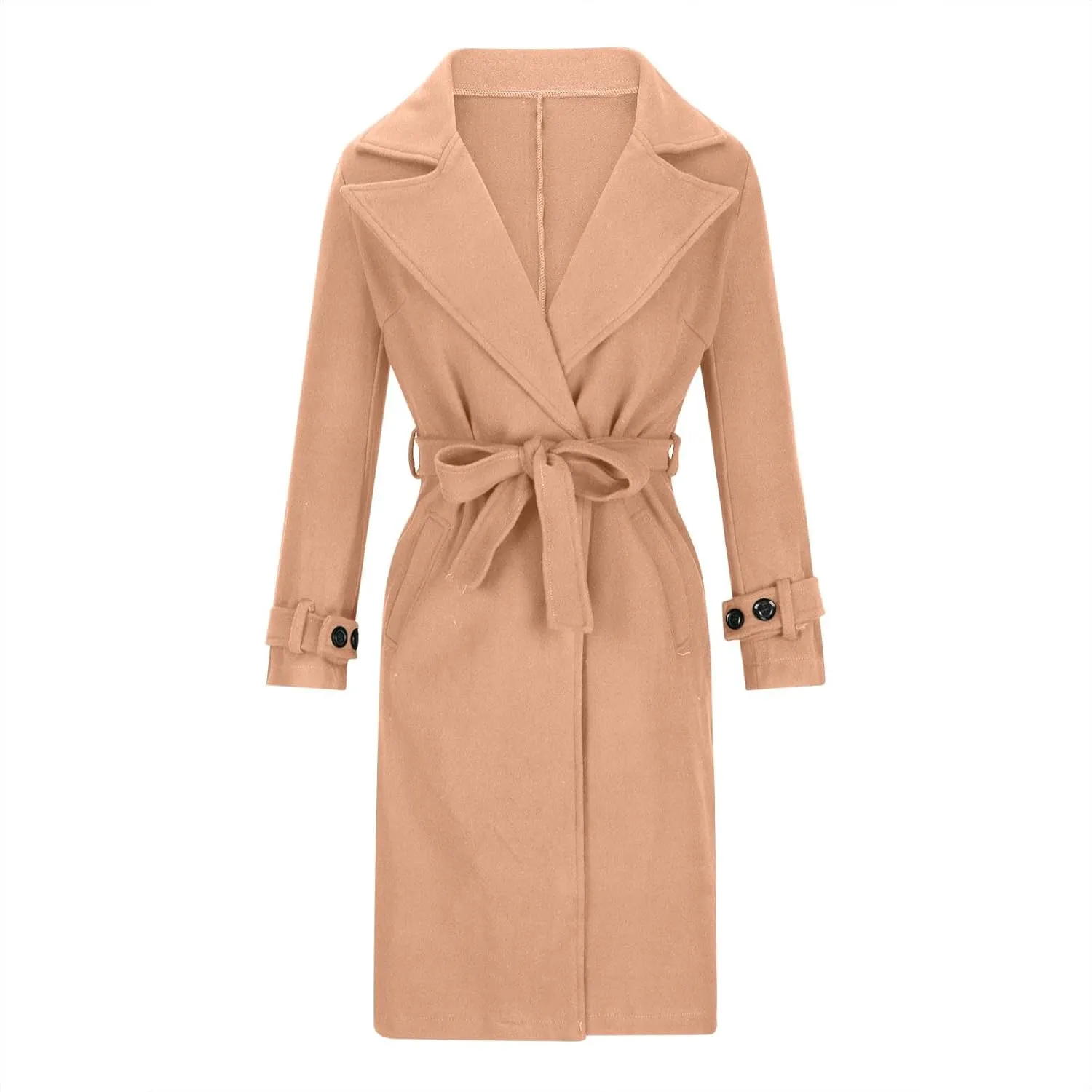 Womens Wool Blend Trench Coats Belted Notched Lapel Collar Overcoats Business Casual Long Sleeve Fashion Jackets