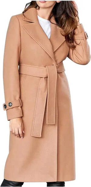 Womens Wool Blend Trench Coats Belted Notched Lapel Collar Overcoats Business Casual Long Sleeve Fashion Jackets