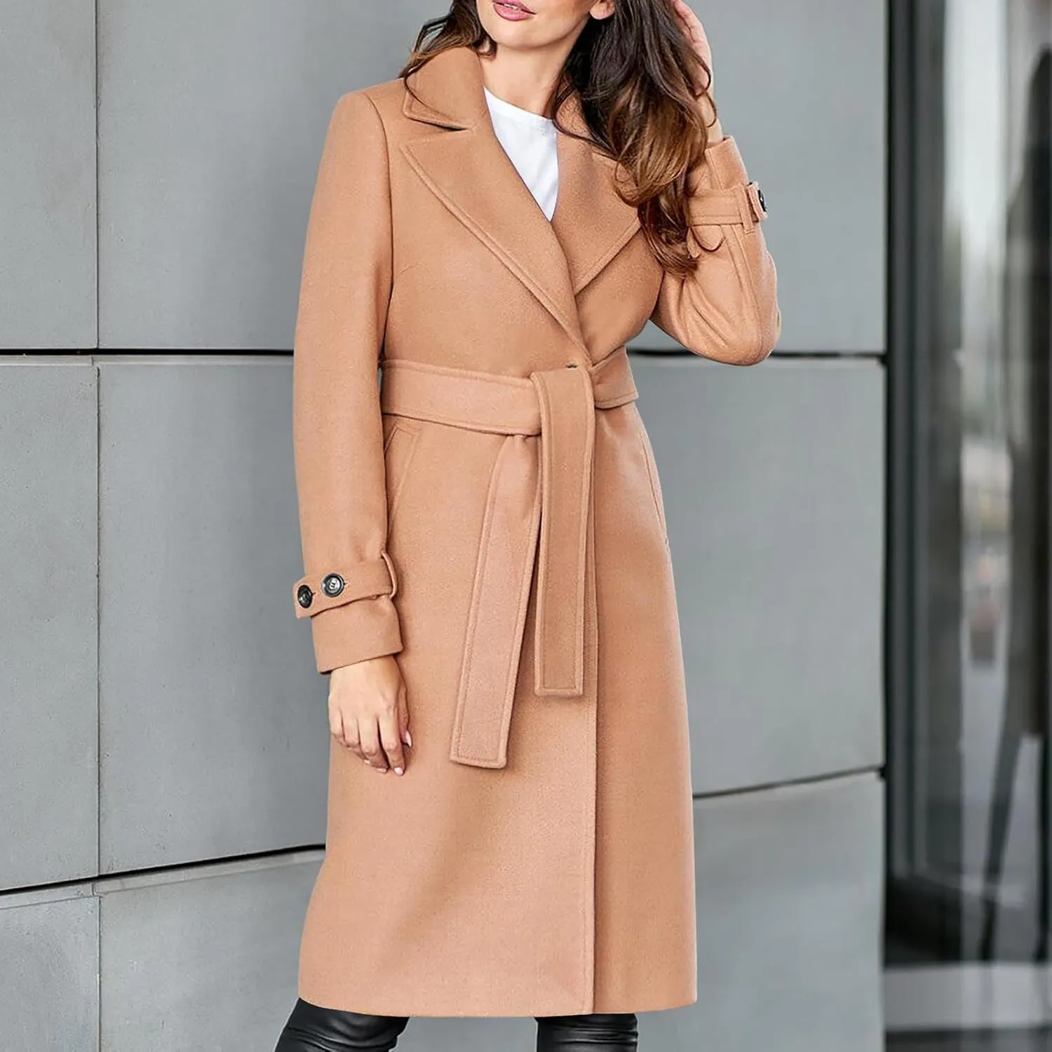 Womens Wool Blend Trench Coats Belted Notched Lapel Collar Overcoats Business Casual Long Sleeve Fashion Jackets