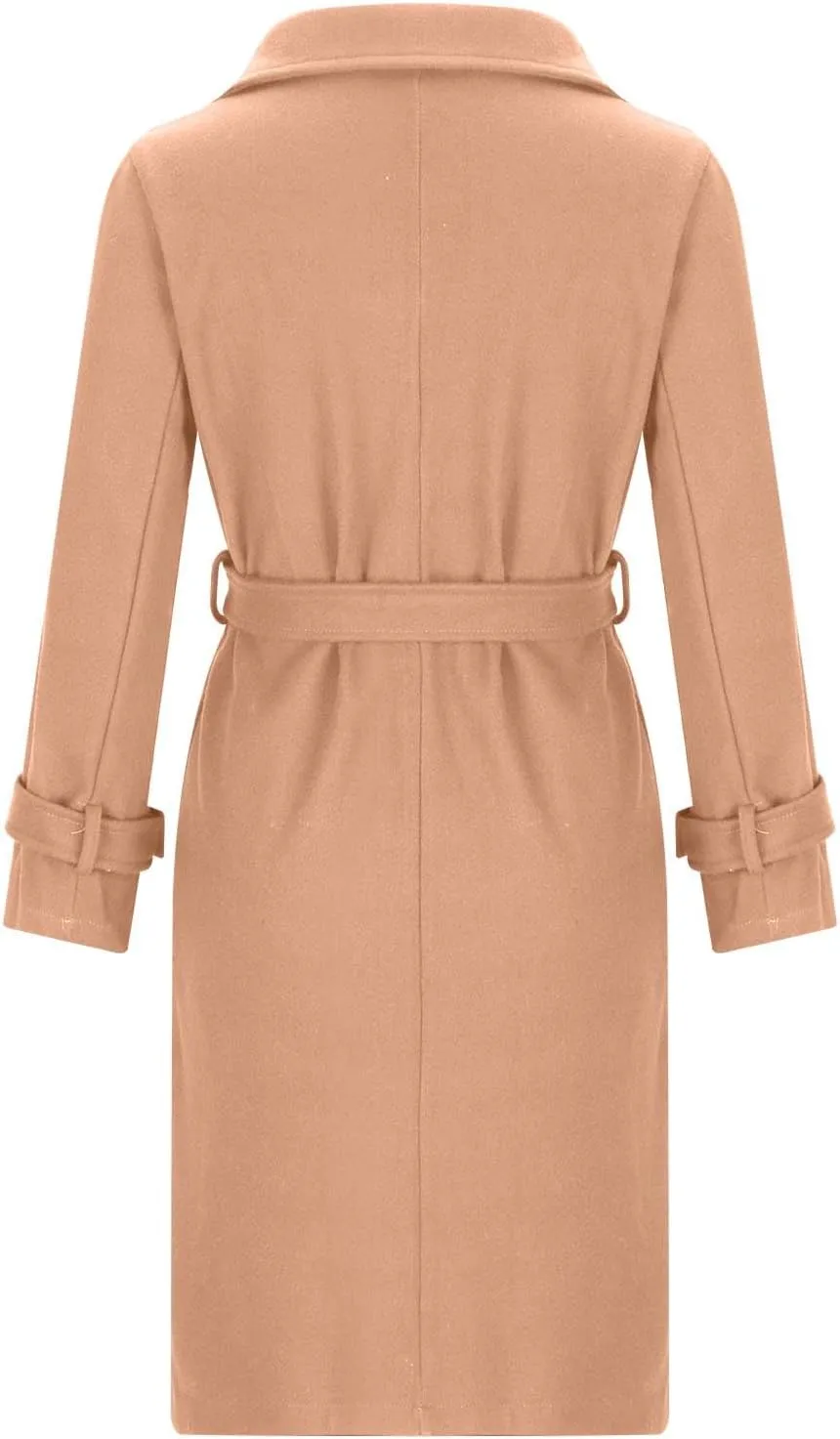 Womens Wool Blend Trench Coats Belted Notched Lapel Collar Overcoats Business Casual Long Sleeve Fashion Jackets