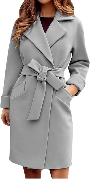 Women’S Wool Blend Winter Coats Double Breasted Notch Lapel Trench Coat Thicken Warm Overcoat Jackets with Belts