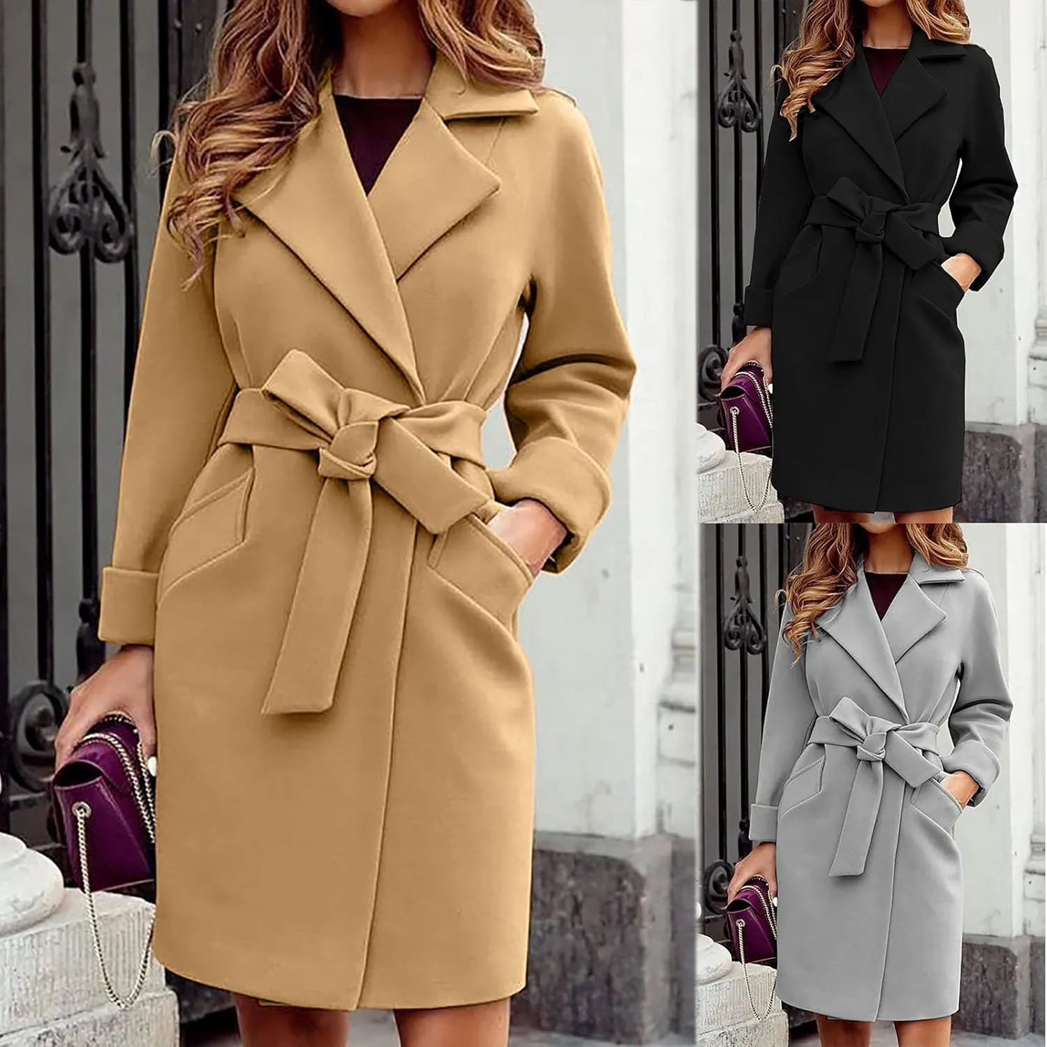 Women’S Wool Blend Winter Coats Double Breasted Notch Lapel Trench Coat Thicken Warm Overcoat Jackets with Belts