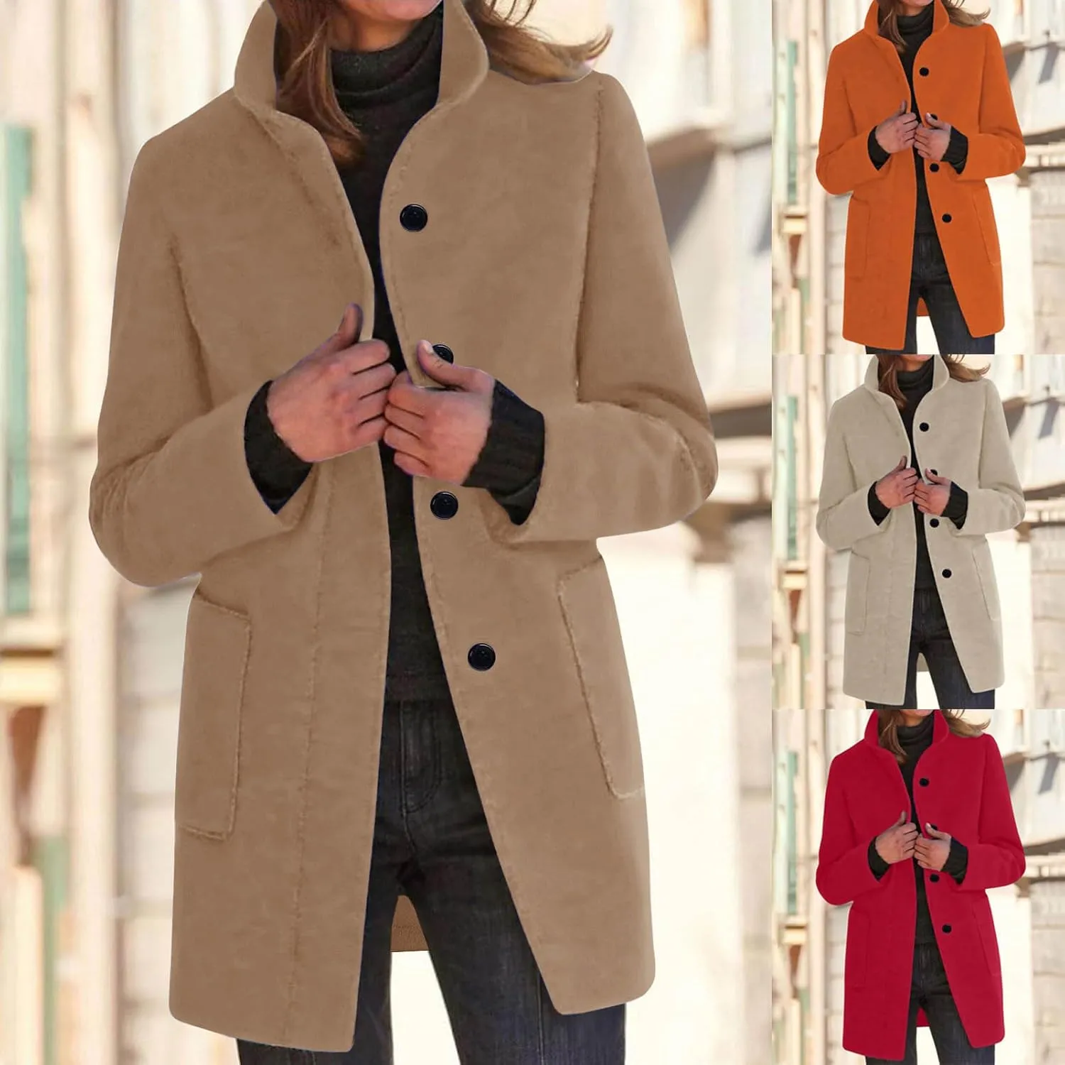 Womens Wool Blend Winter Coats Single Breasted Long Overcoats Stand Collar Slim Fit Jackets Trench Coat Outwear