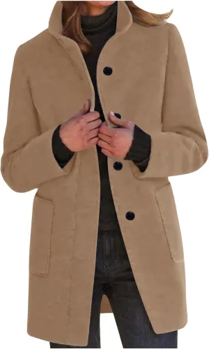 Womens Wool Blend Winter Coats Single Breasted Long Overcoats Stand Collar Slim Fit Jackets Trench Coat Outwear