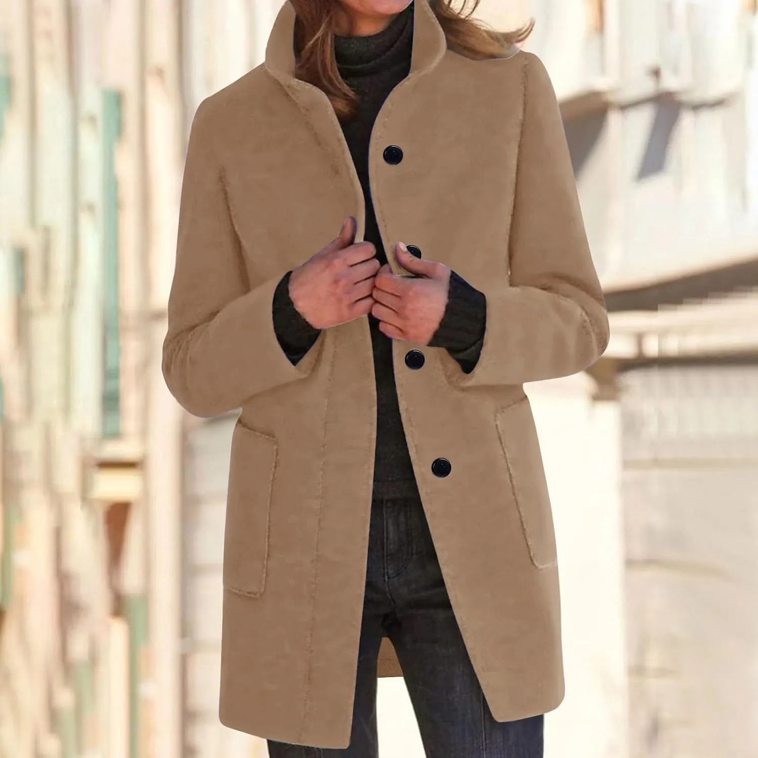 Womens Wool Blend Winter Coats Single Breasted Long Overcoats Stand Collar Slim Fit Jackets Trench Coat Outwear