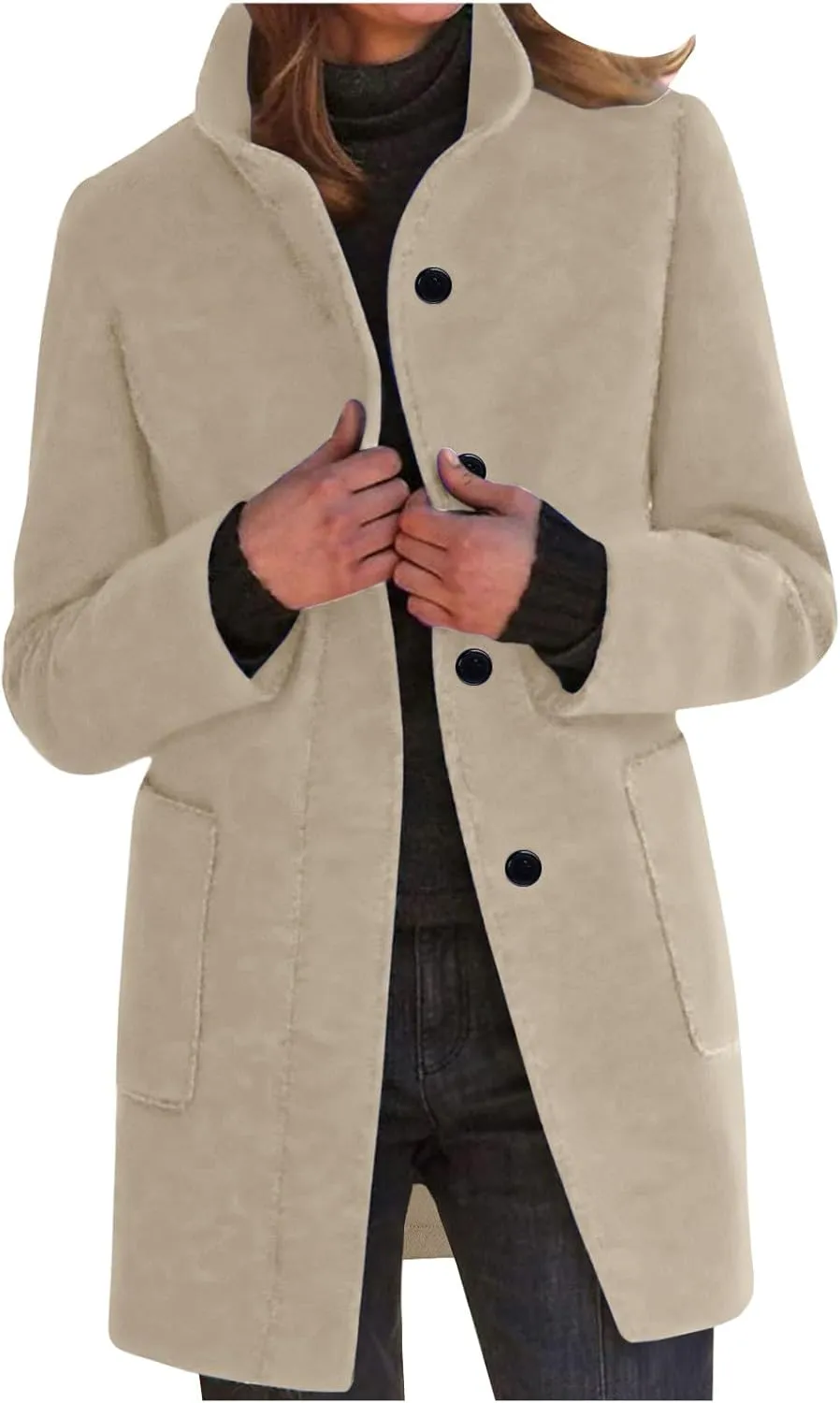 Womens Wool Blend Winter Coats Single Breasted Long Overcoats Stand Collar Slim Fit Jackets Trench Coat Outwear