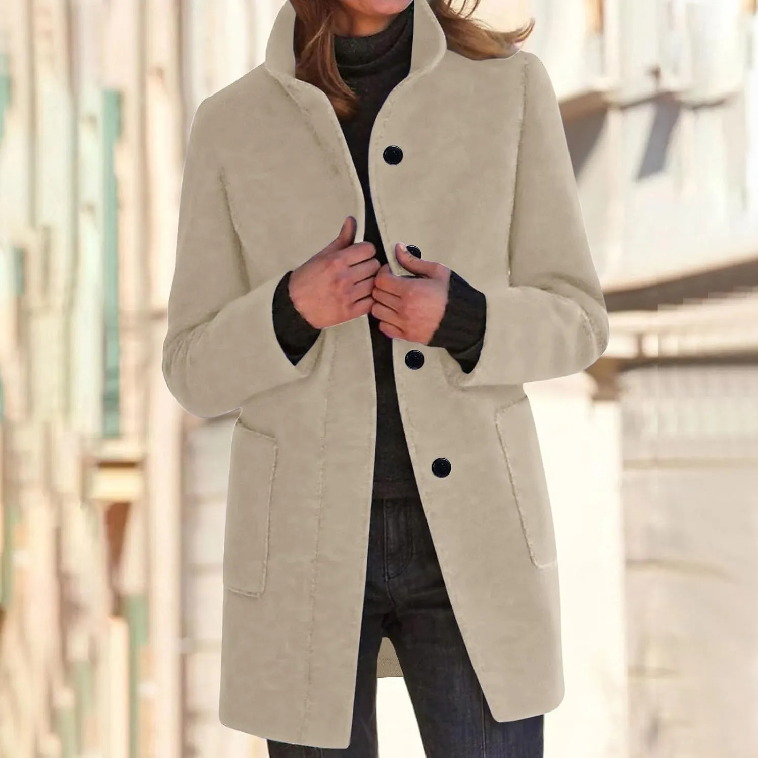 Womens Wool Blend Winter Coats Single Breasted Long Overcoats Stand Collar Slim Fit Jackets Trench Coat Outwear