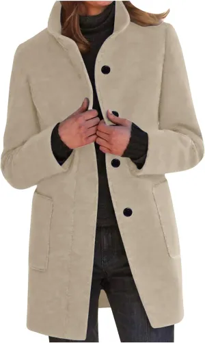 Womens Wool Blend Winter Coats Single Breasted Long Overcoats Stand Collar Slim Fit Jackets Trench Coat Outwear