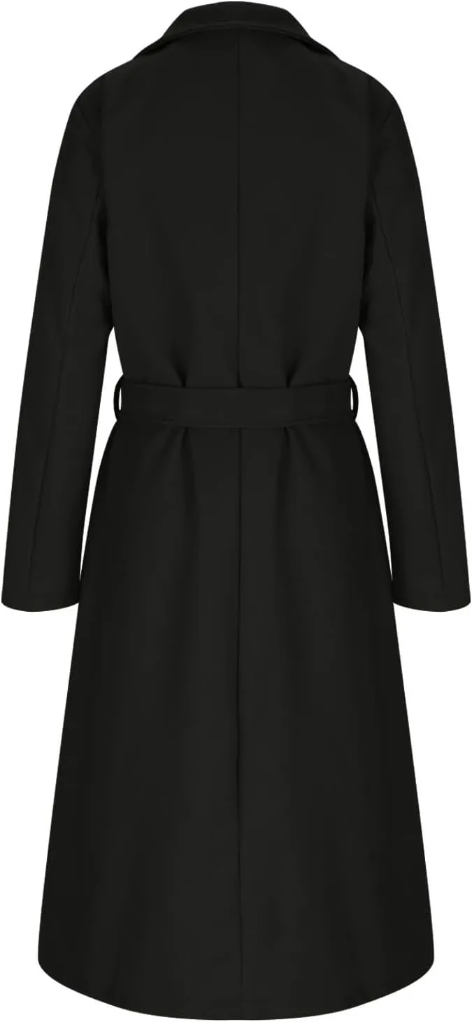 Womens Wool Coat Trendy Turndown Collar Long Trench Coats Casual Open Front Peacoat 2024 Winter Overcoat with Belt