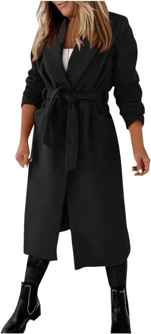 Womens Wool Coat Trendy Turndown Collar Long Trench Coats Casual Open Front Peacoat 2024 Winter Overcoat with Belt
