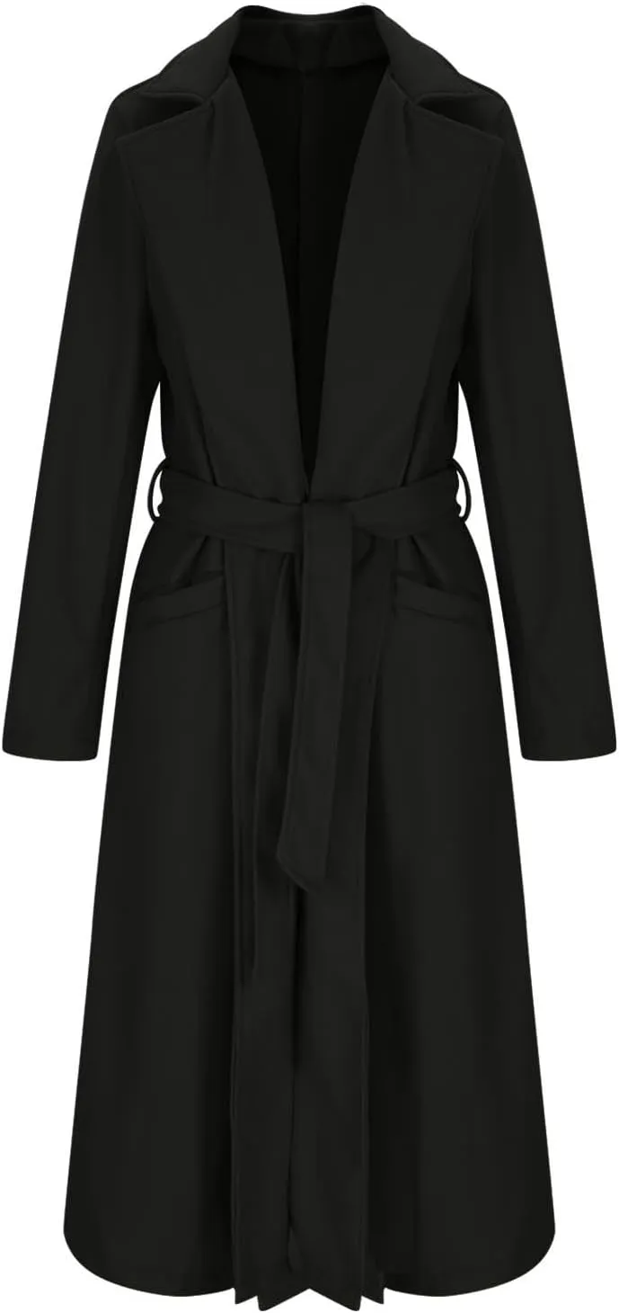 Womens Wool Coat Trendy Turndown Collar Long Trench Coats Casual Open Front Peacoat 2024 Winter Overcoat with Belt