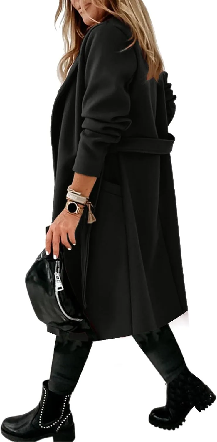 Womens Wool Coat Trendy Turndown Collar Long Trench Coats Casual Open Front Peacoat 2024 Winter Overcoat with Belt