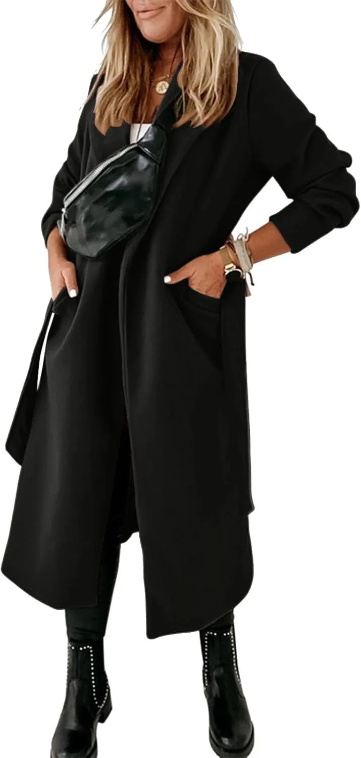 Womens Wool Coat Trendy Turndown Collar Long Trench Coats Casual Open Front Peacoat 2024 Winter Overcoat with Belt