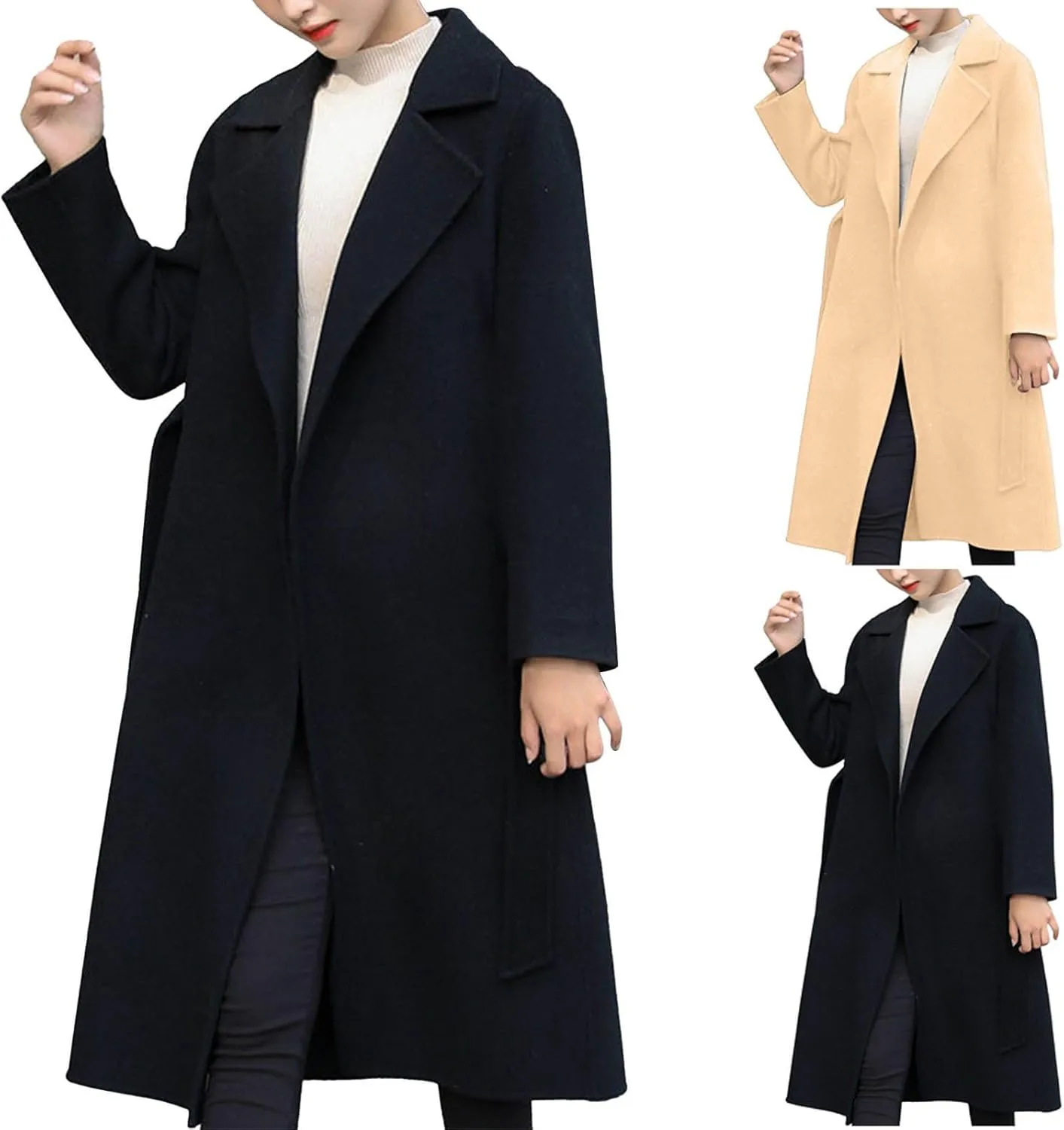 Womens Wool Coats Casual Open Front Cardigan Pea Coat Plus Size Notched Lapel Overcoat Long Winter Jackets