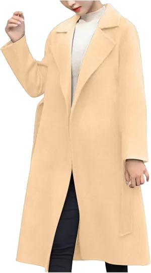 Womens Wool Coats Casual Open Front Cardigan Pea Coat Plus Size Notched Lapel Overcoat Long Winter Jackets