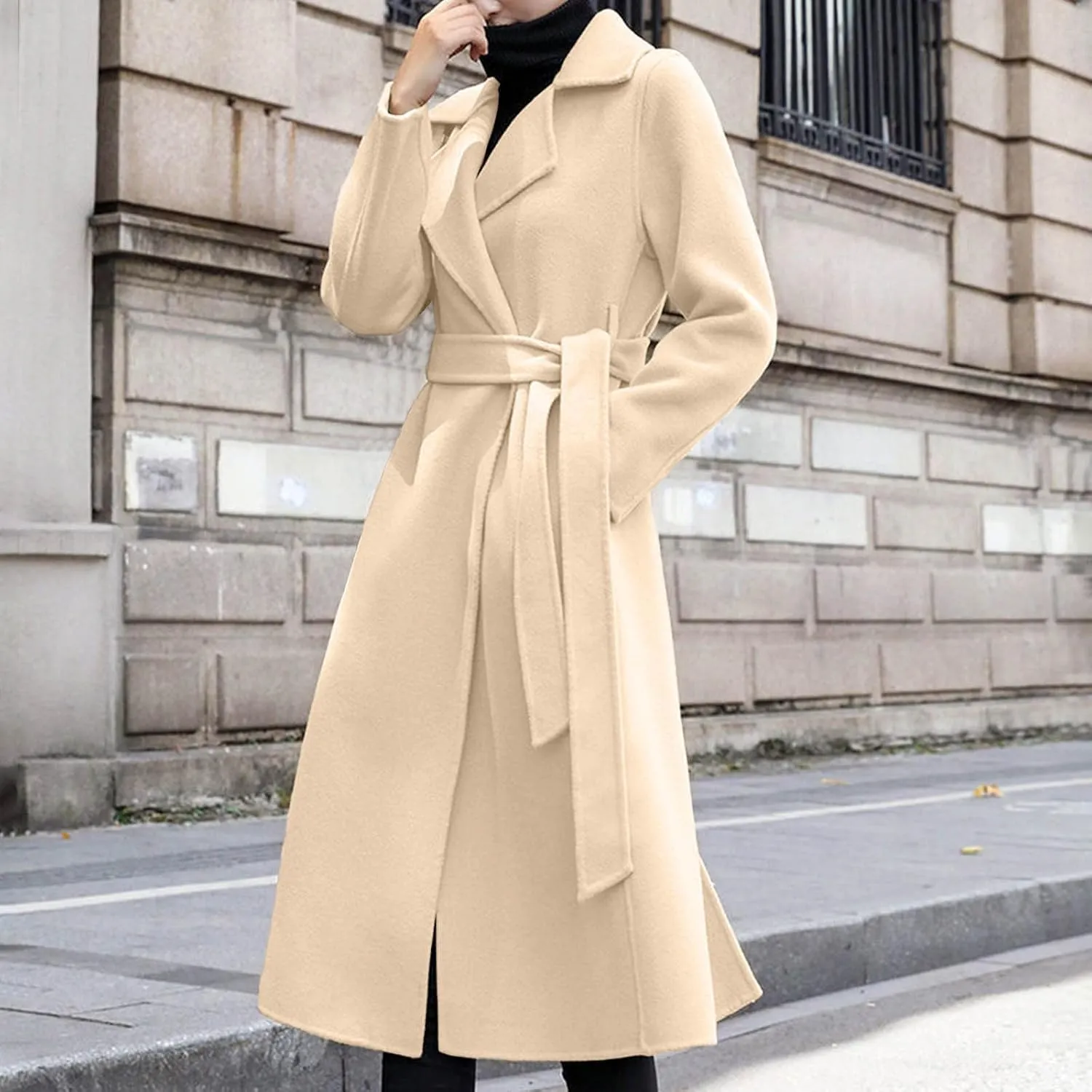 Womens Wool Coats Casual Open Front Cardigan Pea Coat Plus Size Notched Lapel Overcoat Long Winter Jackets