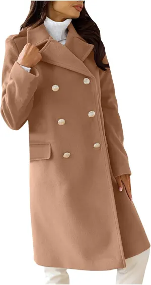 Wool Blend Trench Coat for Women Mid Long Length Office Overcoat Elegant Lapel Collar Belted Pea Coats With Pockets