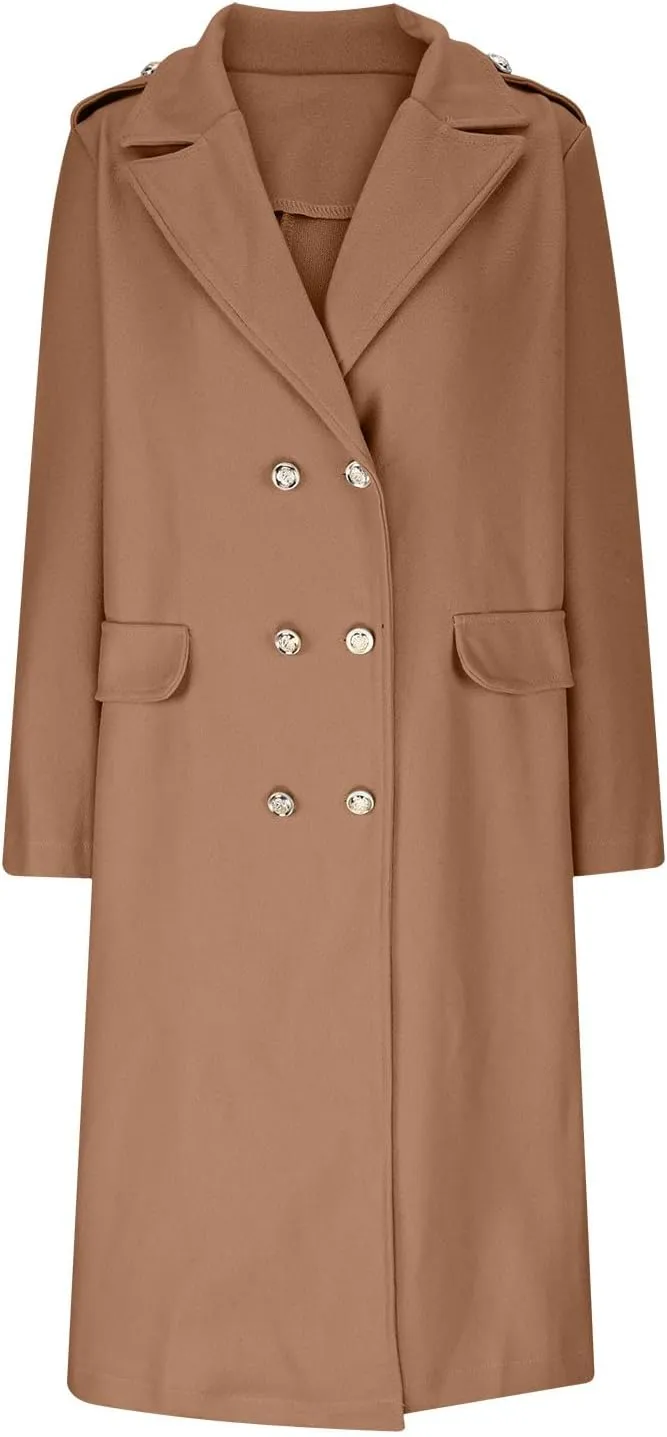 Wool Blend Trench Coat for Women Mid Long Length Office Overcoat Elegant Lapel Collar Belted Pea Coats With Pockets