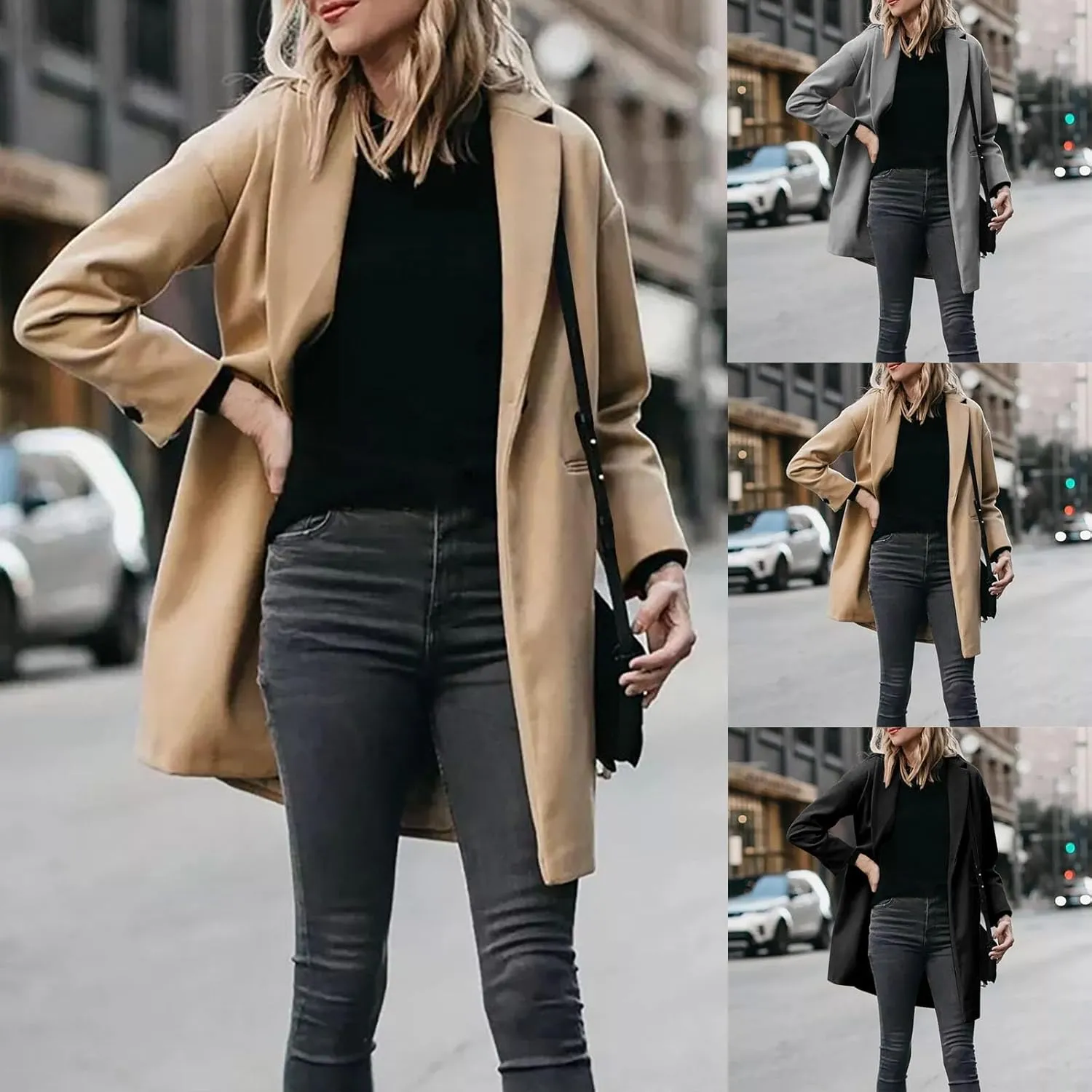 Wool Coat for Women Casual Open Front Lapel Jackets Winter Long Sleeve Overcoat Trendy Trench Coats with Pockets