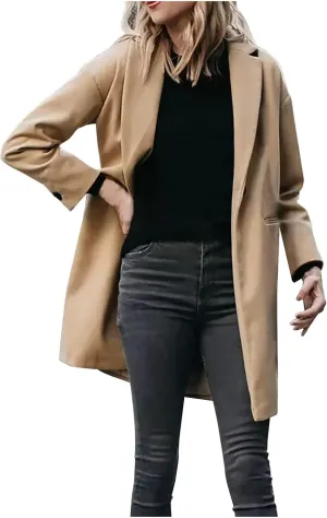 Wool Coat for Women Casual Open Front Lapel Jackets Winter Long Sleeve Overcoat Trendy Trench Coats with Pockets