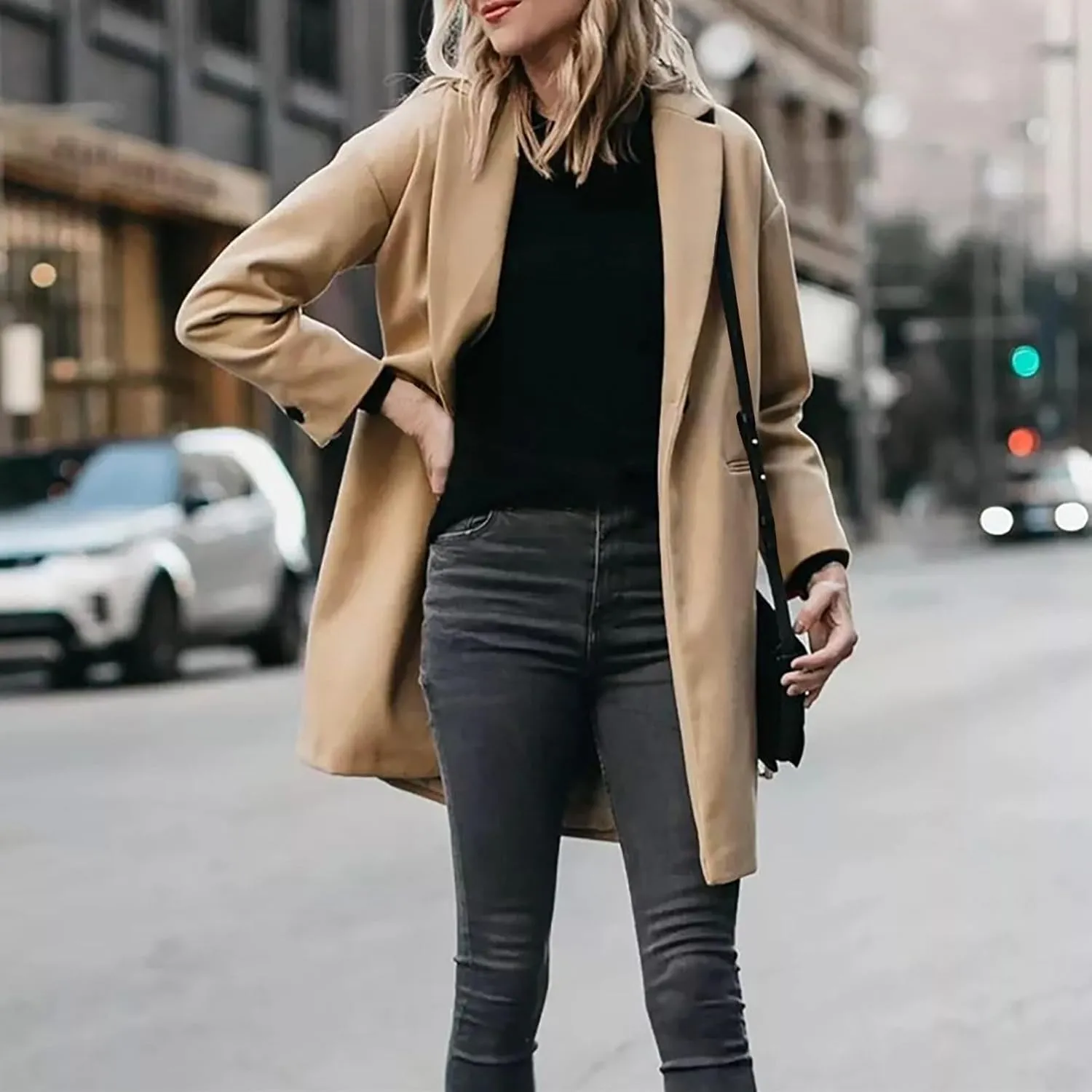 Wool Coat for Women Casual Open Front Lapel Jackets Winter Long Sleeve Overcoat Trendy Trench Coats with Pockets