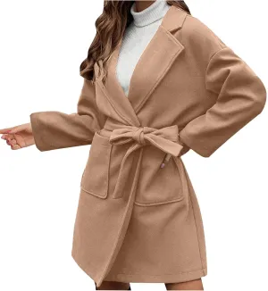 Wool Coats for Women Casual Open Front Winter Trench Coat Oversized Notch Lapel Thicken Bussiness Jacket With Belts