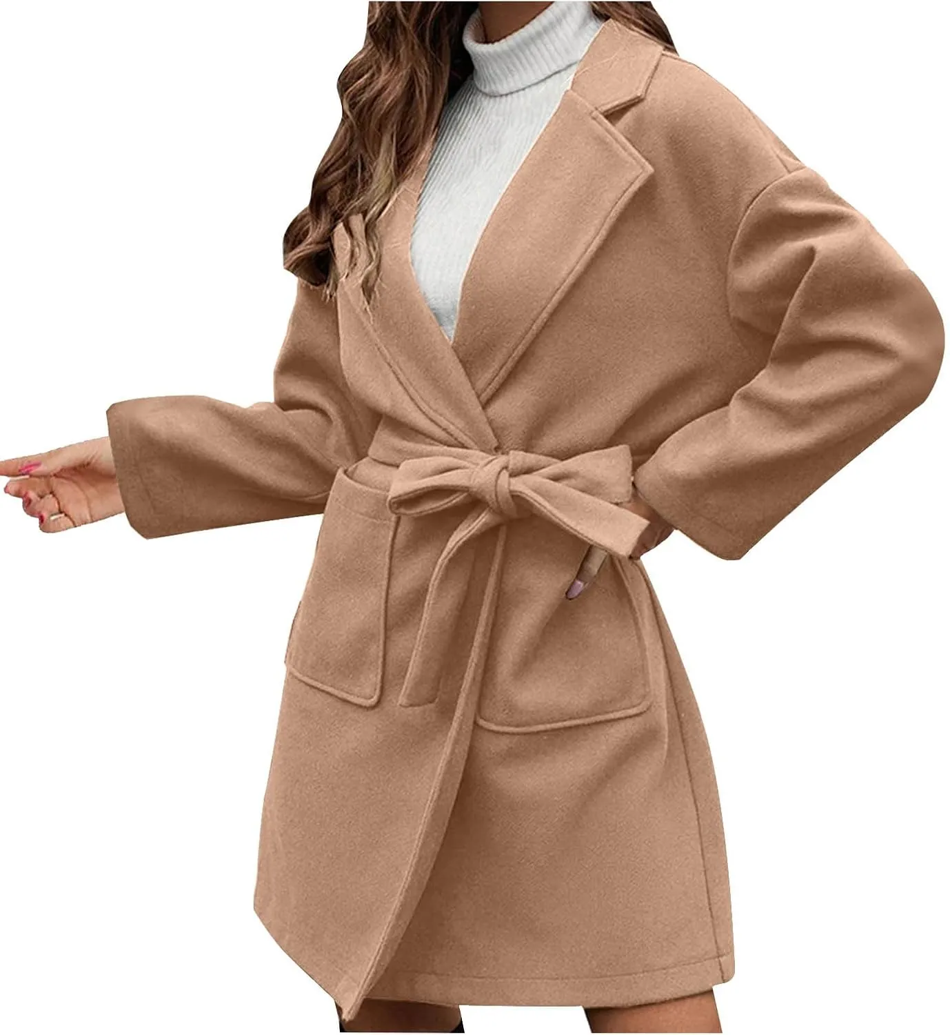 Wool Coats for Women Casual Open Front Winter Trench Coat Oversized Notch Lapel Thicken Bussiness Jacket With Belts
