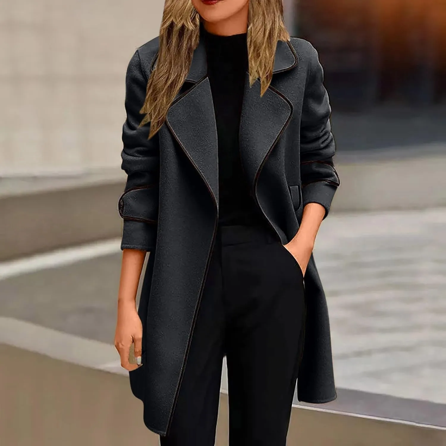 Wool Coats for Women Casual Open Front Winter Trench Coat Oversized Notch Lapel Thicken Bussiness Jacket With Belts
