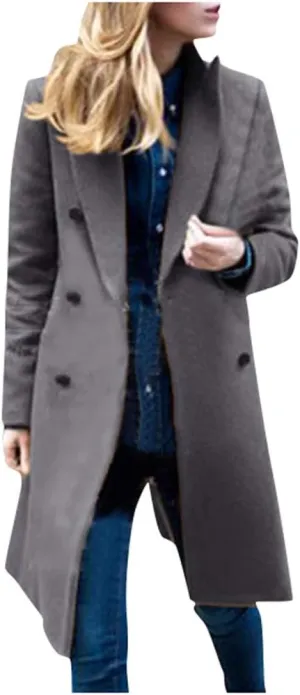 Wool Coats for Women Double Breasted Notch Lapel Peacoat Oversized Long Overcoat 2024 Winter Outerwear with Pockets