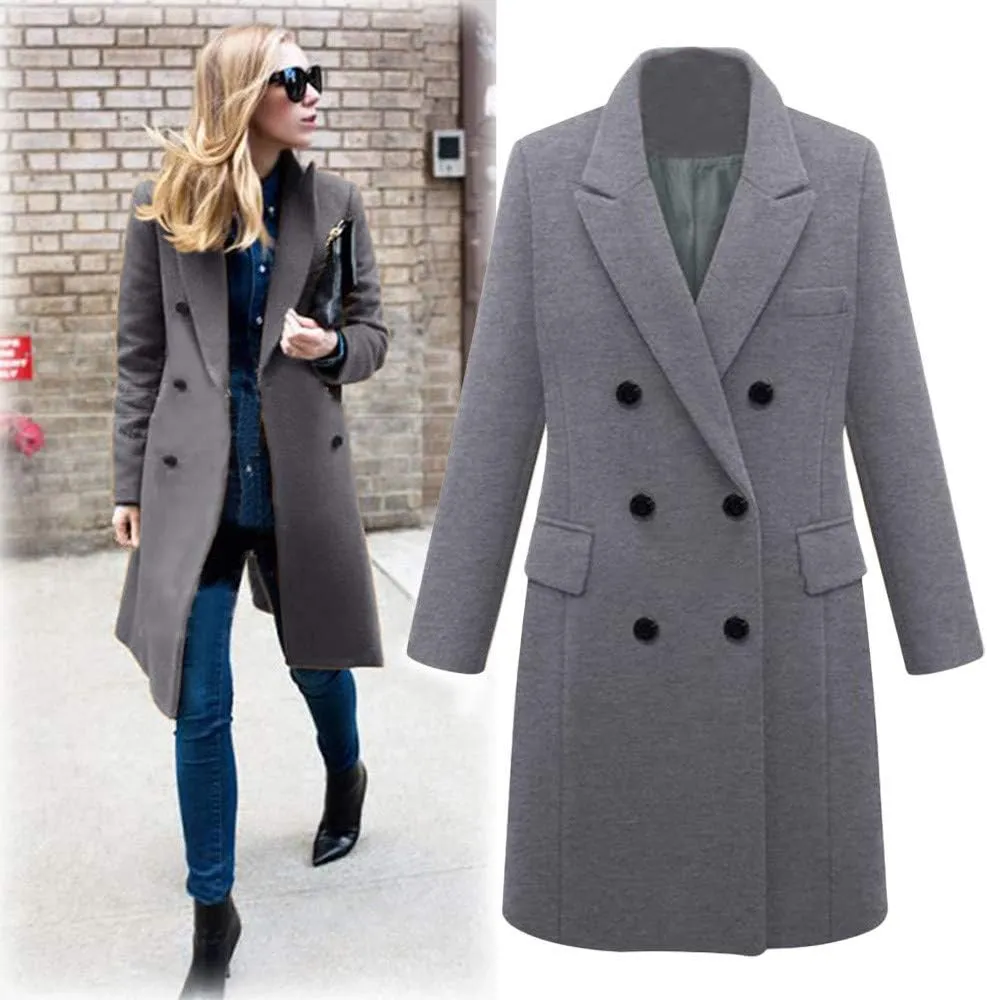 Wool Coats for Women Double Breasted Notch Lapel Peacoat Oversized Long Overcoat 2024 Winter Outerwear with Pockets