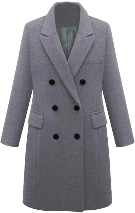 Wool Coats for Women Double Breasted Notch Lapel Peacoat Oversized Long Overcoat 2024 Winter Outerwear with Pockets