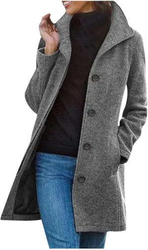 Wool Coats for Women Stand Collar Single Breasted Pea Coats Plus Size Long Sleeve Overcoat Fall Winter Outerwear