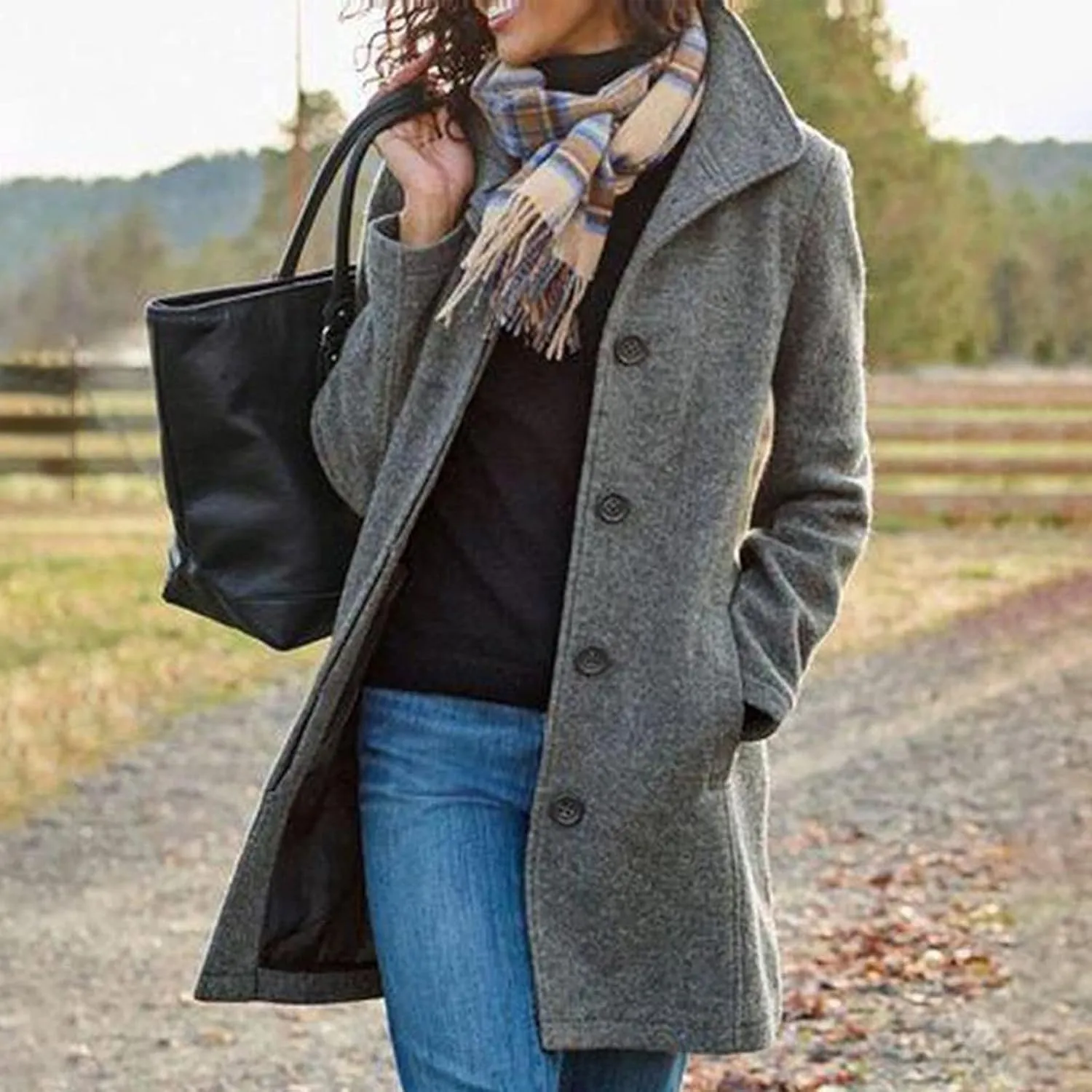 Wool Coats for Women Stand Collar Single Breasted Pea Coats Plus Size Long Sleeve Overcoat Fall Winter Outerwear