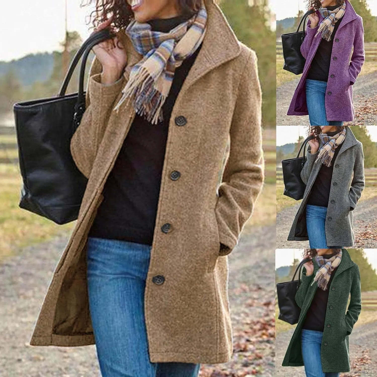 Wool Coats for Women Stand Collar Single Breasted Pea Coats Plus Size Long Sleeve Overcoat Fall Winter Outerwear