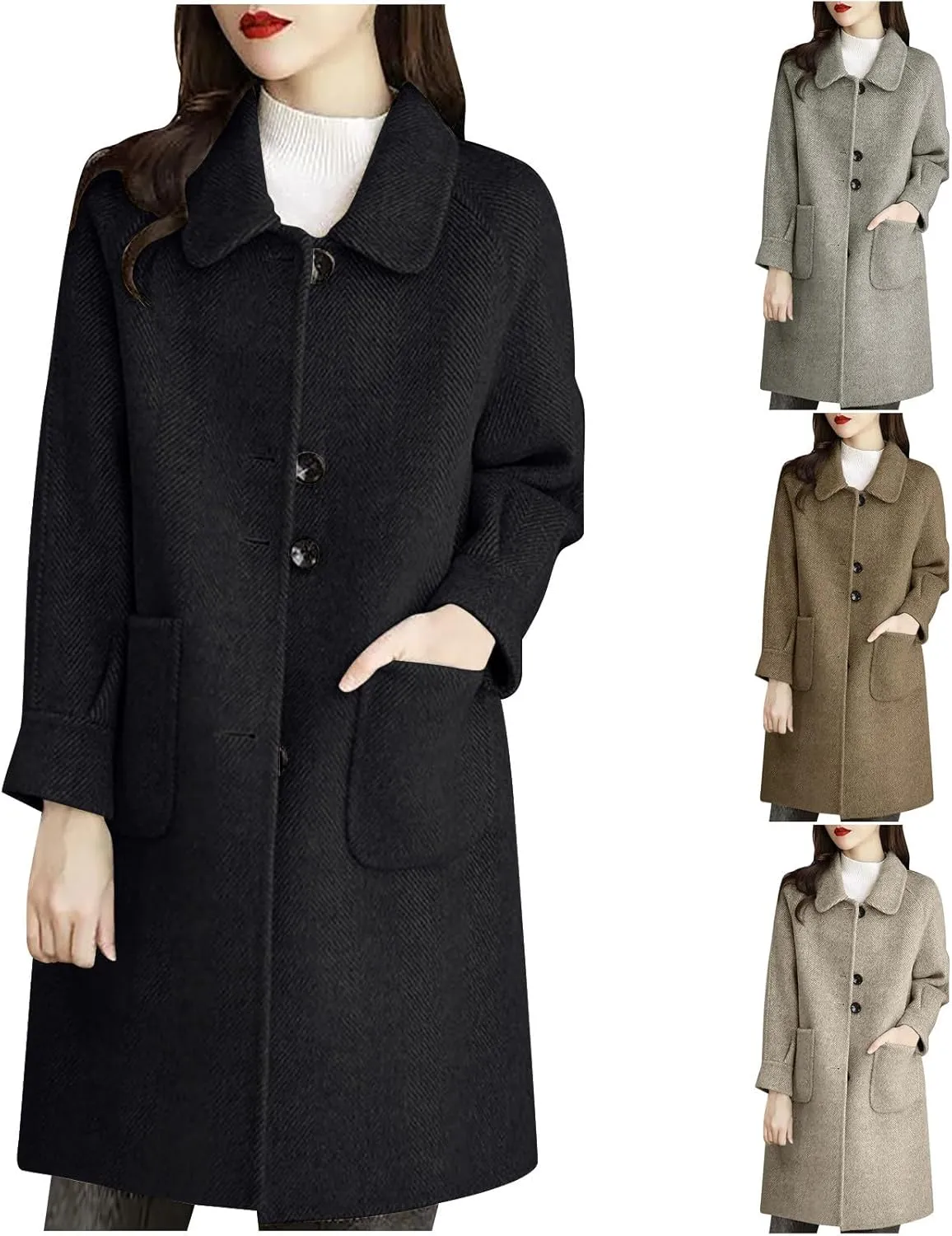 Wool Coats for Women Winter Warm Wool Blend Pea Coat Single Breasted Lapel Collared Trench Coat Overcoat with Pockets