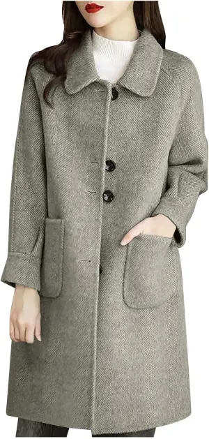 Wool Coats for Women Winter Warm Wool Blend Pea Coat Single Breasted Lapel Collared Trench Coat Overcoat with Pockets