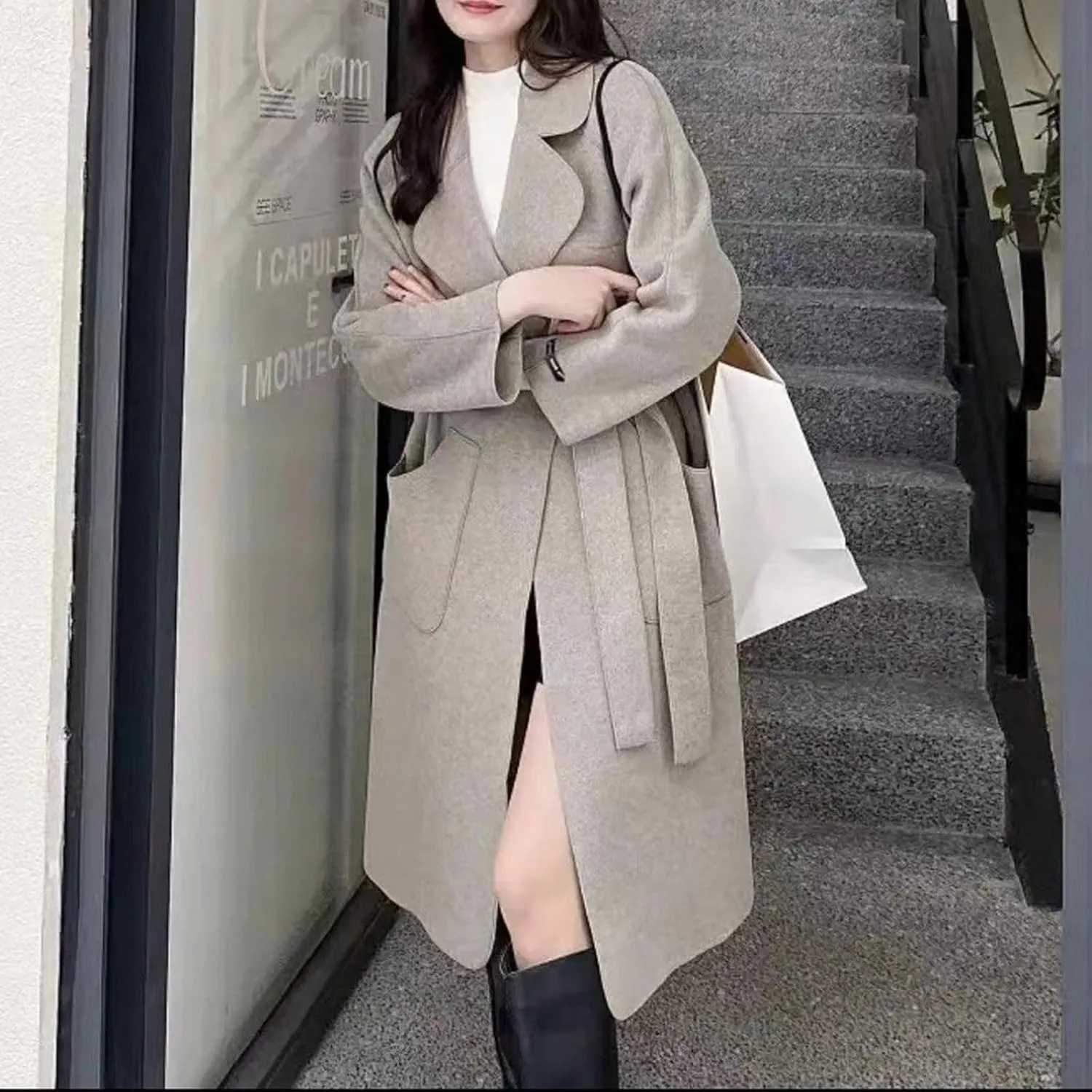 Wool Coats for Women Winter Warm Wool Blend Pea Coat Single Breasted Lapel Collared Trench Coat Overcoat with Pockets