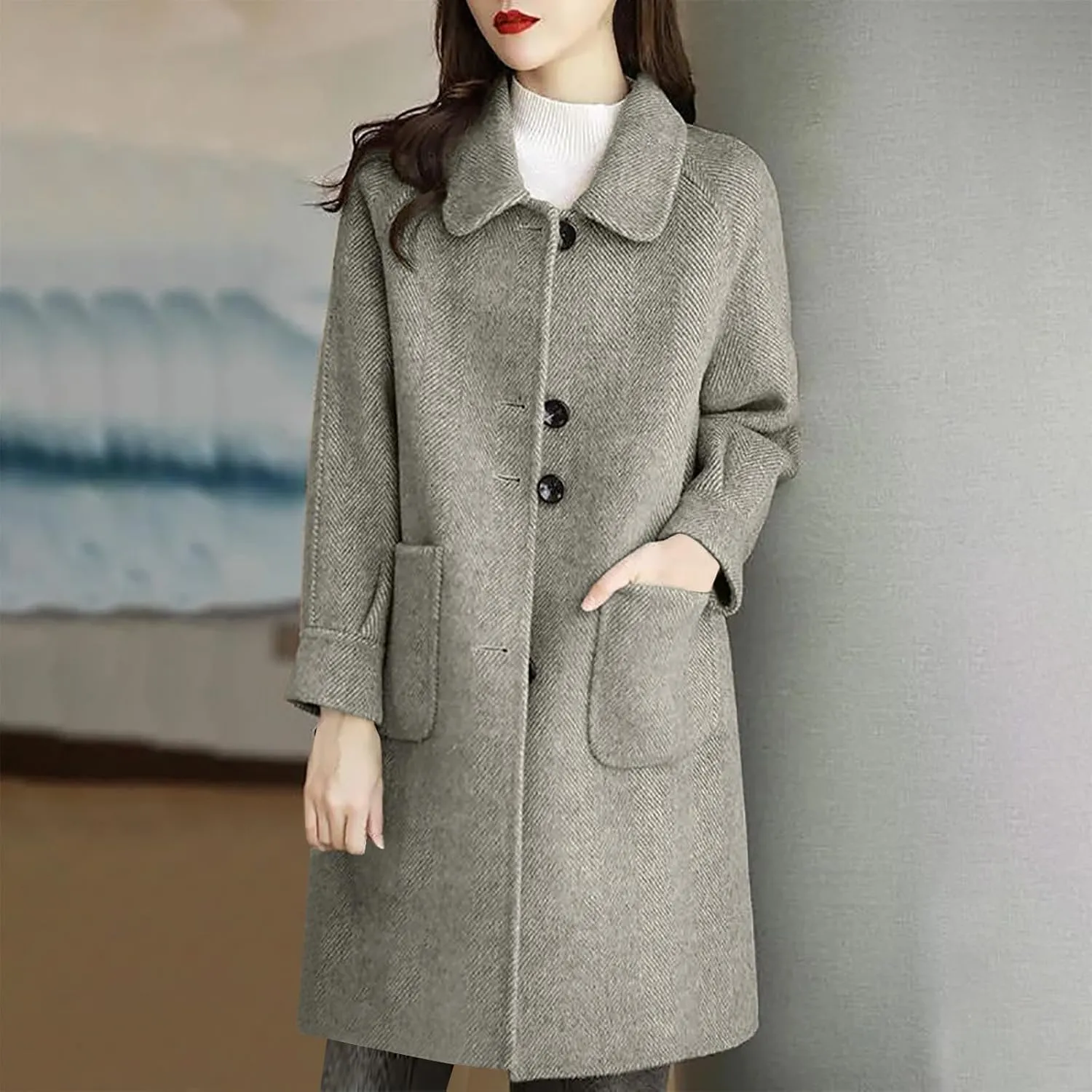 Wool Coats for Women Winter Warm Wool Blend Pea Coat Single Breasted Lapel Collared Trench Coat Overcoat with Pockets