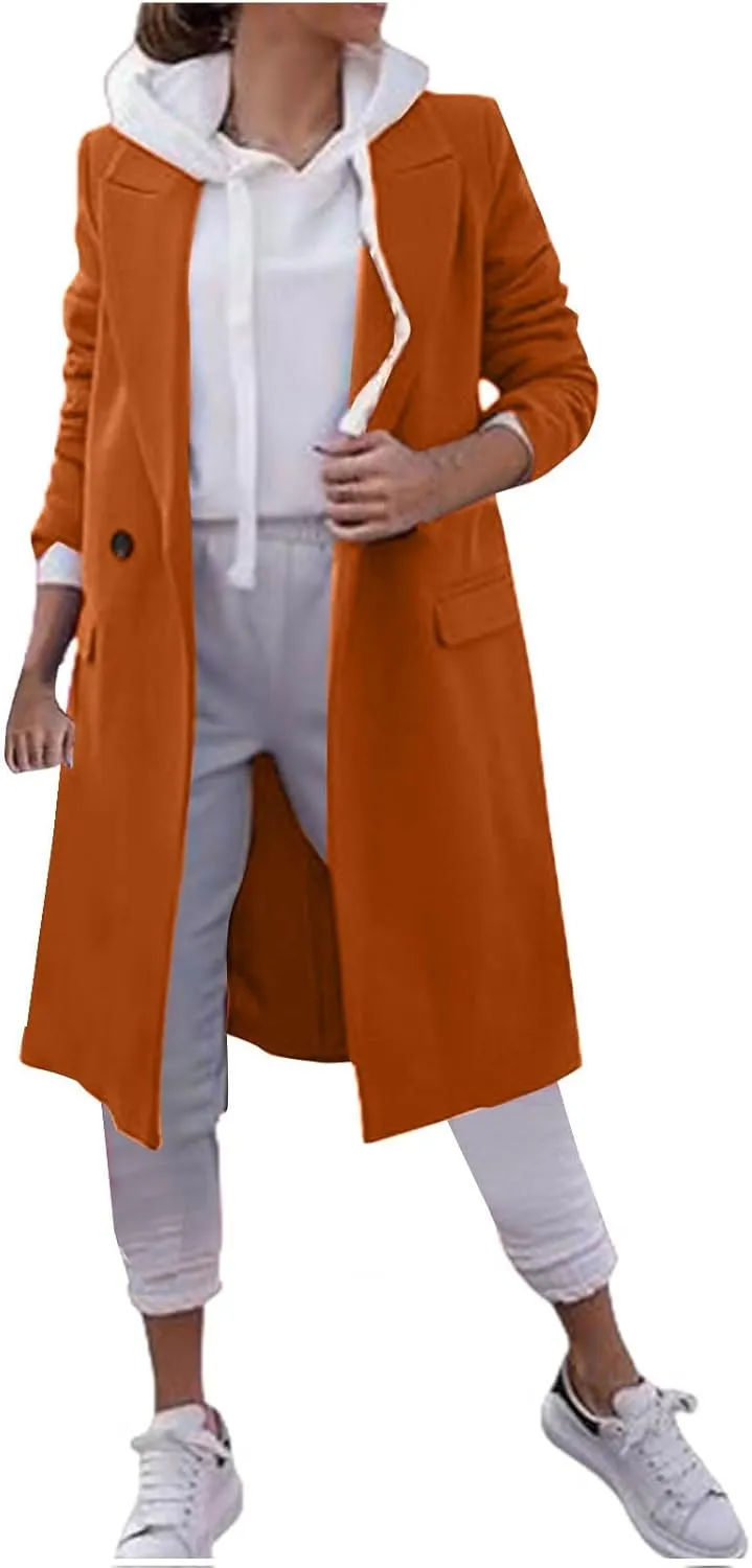 Wool Trench Coat for Women Double Breasted Notched Lapel Oversized Long Jackets Winter Warm Wool Blend Pea Coat