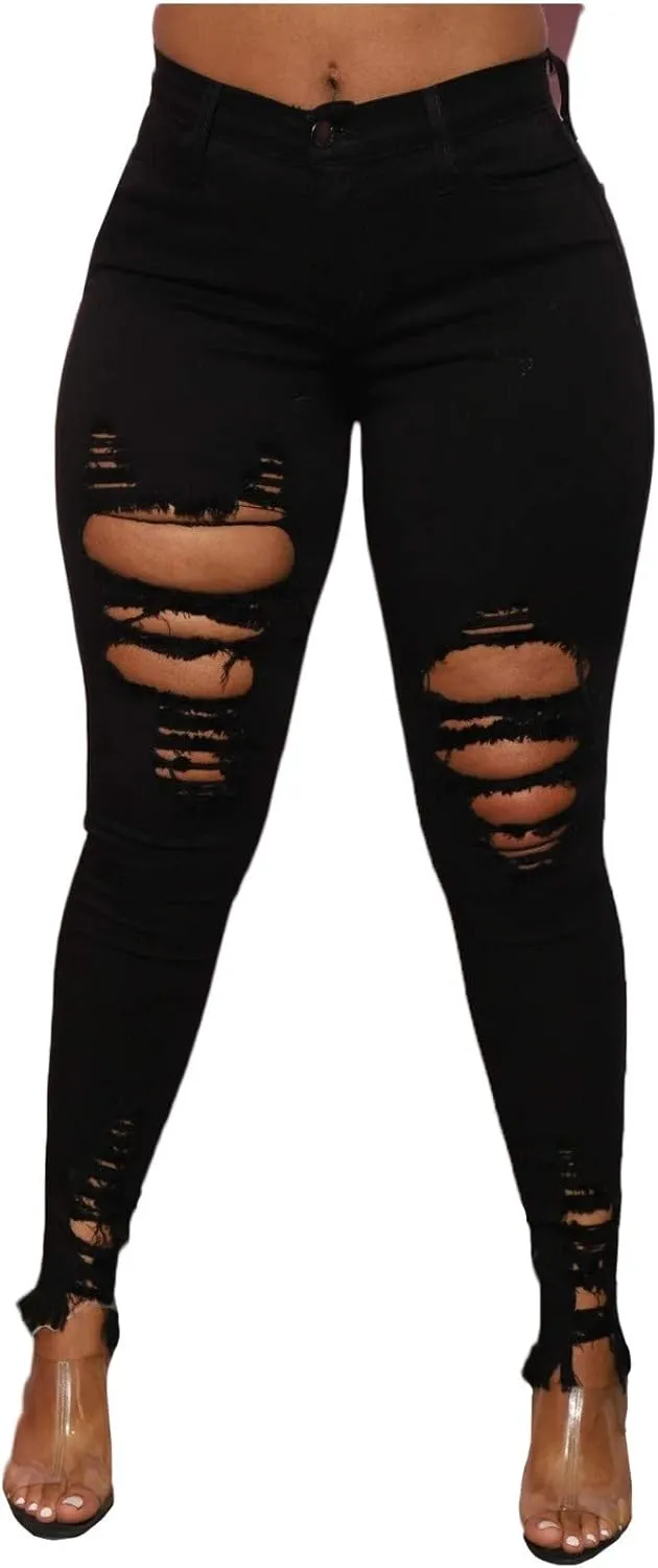 WUAI Women's Ripped Boyfriend Jeans Hight Waisted Stretch Distressed Skinny Jeans Jeggings Destroyed Denim Pencil Pants