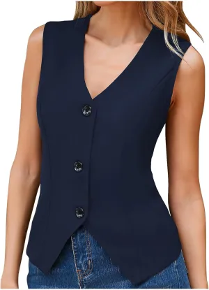 Xiaojmake Womens Casual Button Down Vest Fully Lined V Neck Business Jacket Sleeveless Slim Tailored Waistcoat Casual Blazer