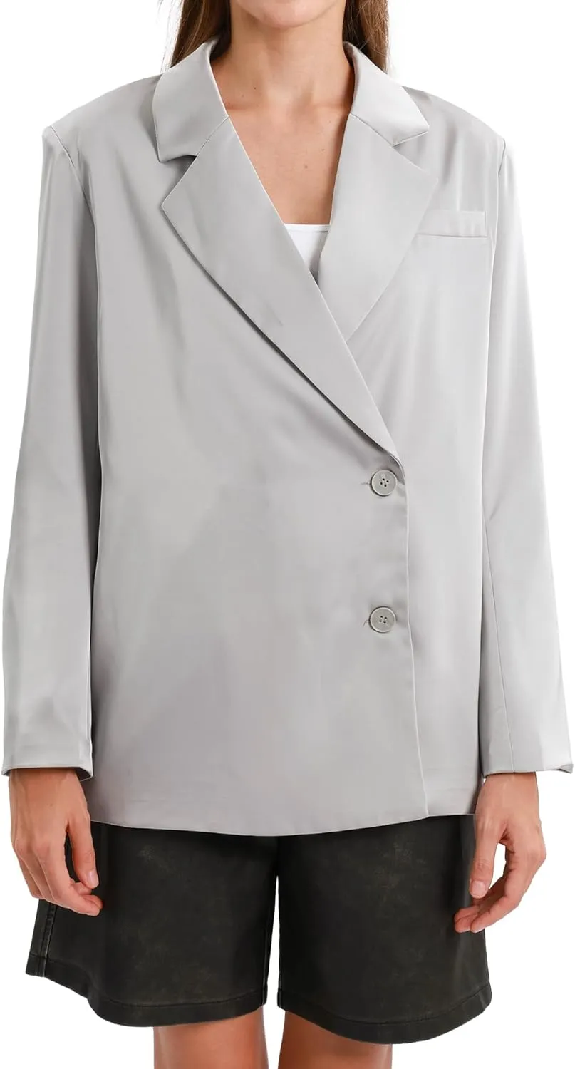 Xintianji Women Satin Causal Blazers - Long Sleeve Loose Fit Suit Button Front Work Blazer Jackets