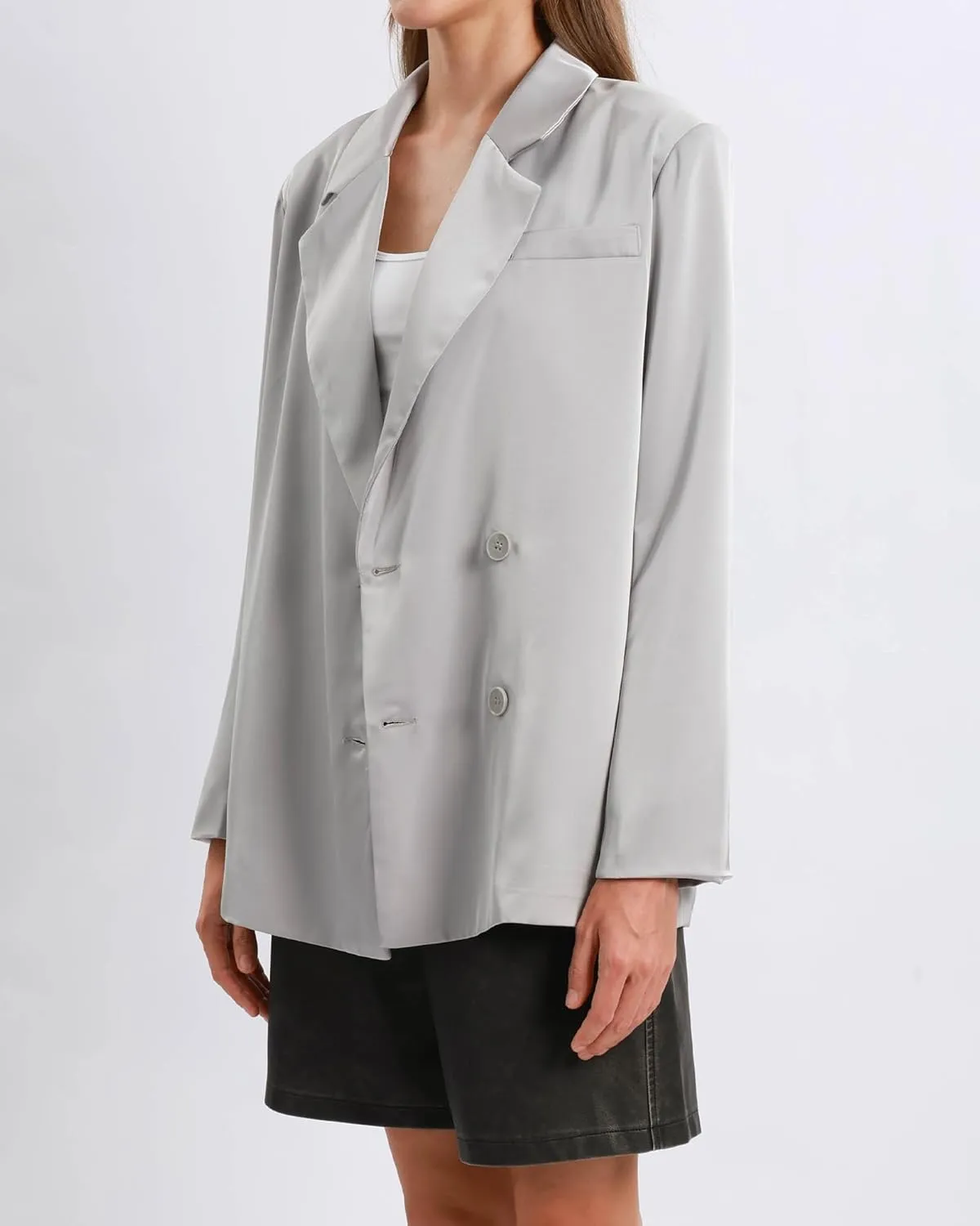 Xintianji Women Satin Causal Blazers - Long Sleeve Loose Fit Suit Button Front Work Blazer Jackets
