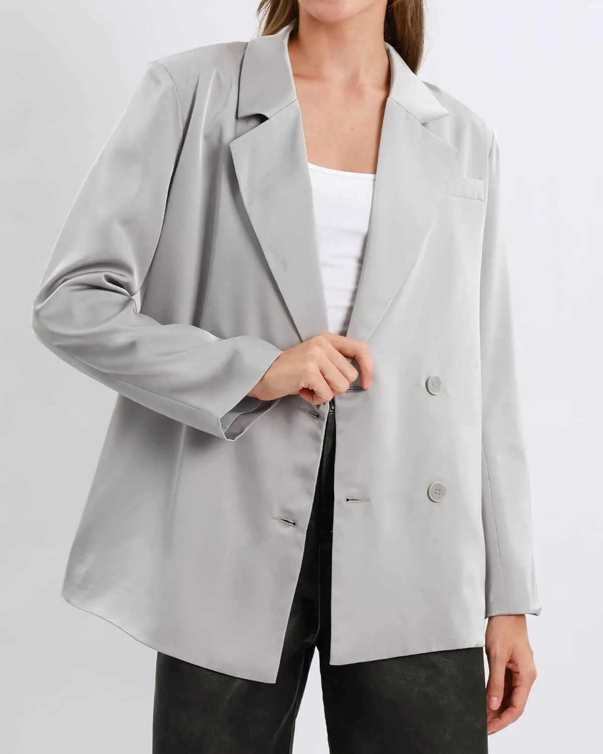 Xintianji Women Satin Causal Blazers - Long Sleeve Loose Fit Suit Button Front Work Blazer Jackets