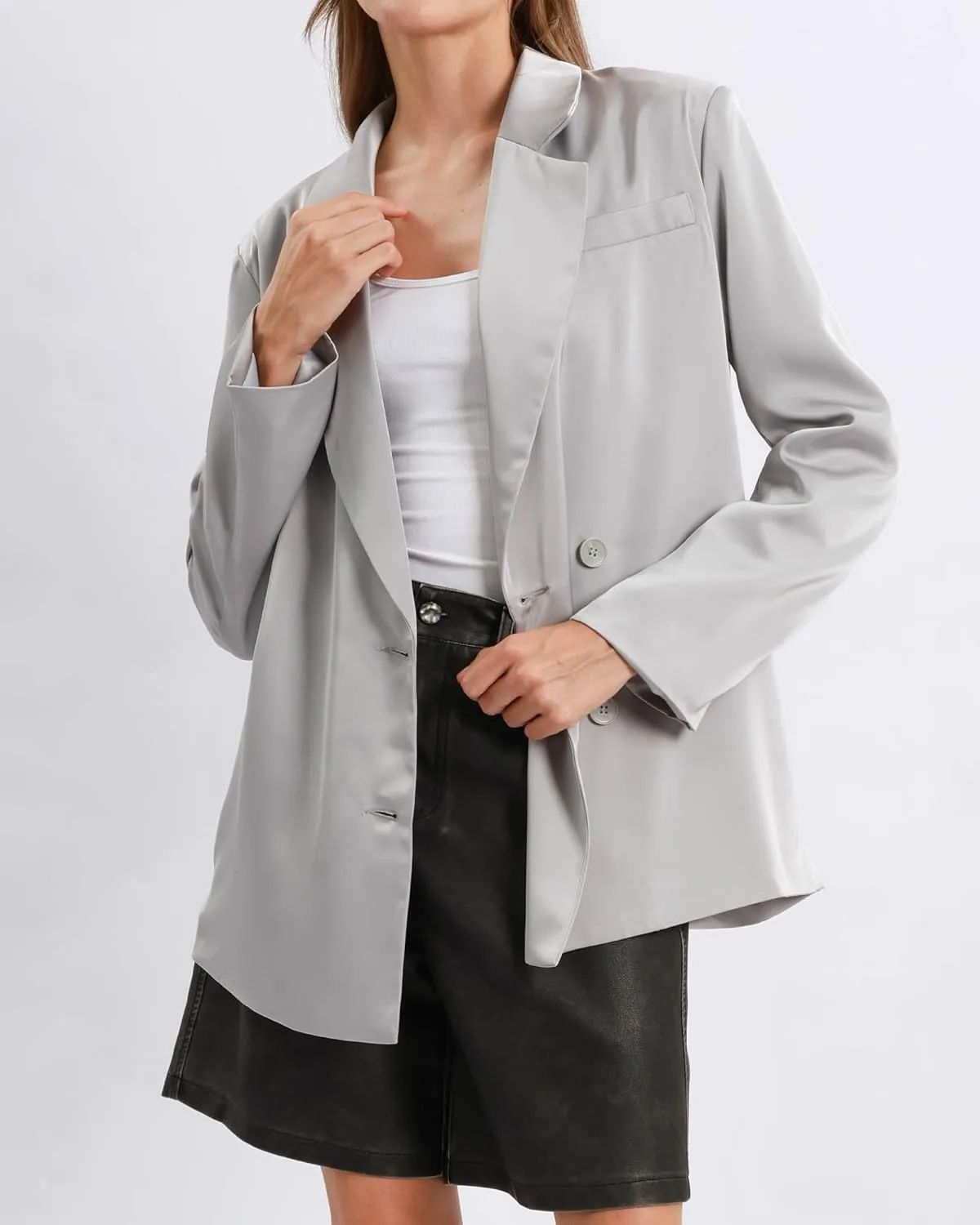 Xintianji Women Satin Causal Blazers - Long Sleeve Loose Fit Suit Button Front Work Blazer Jackets